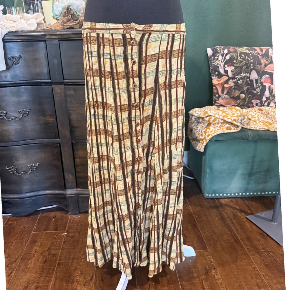 Zachi Vintage Striped Plaid Button Front Maxi Skirt‎ Brown Tan Sage Rayon Small